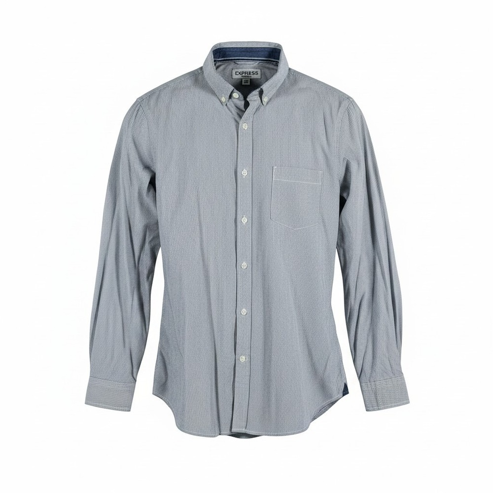 Express Mens Soft Wash Blue White Micro Stripe Button Down Shirt Cotton Size M